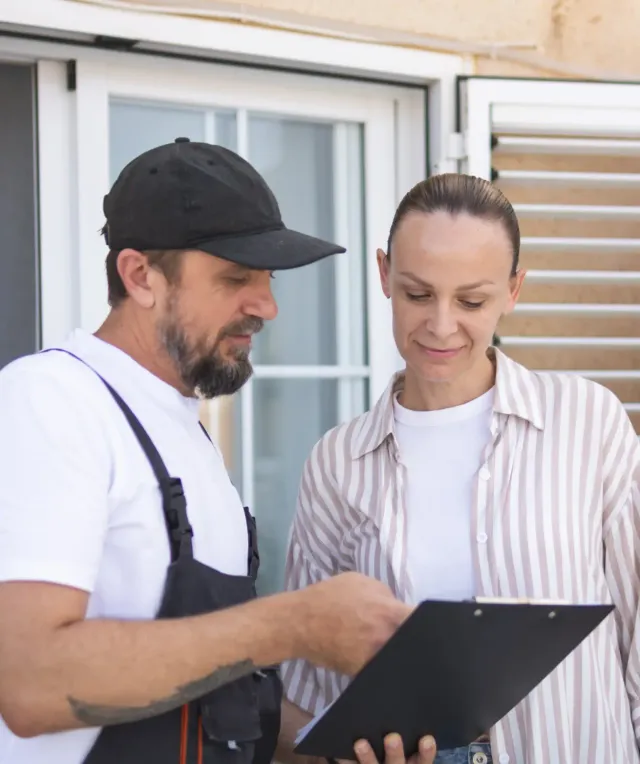 Homeowner reviewing contractor paperwork at a kitchen table before signing a fence quote